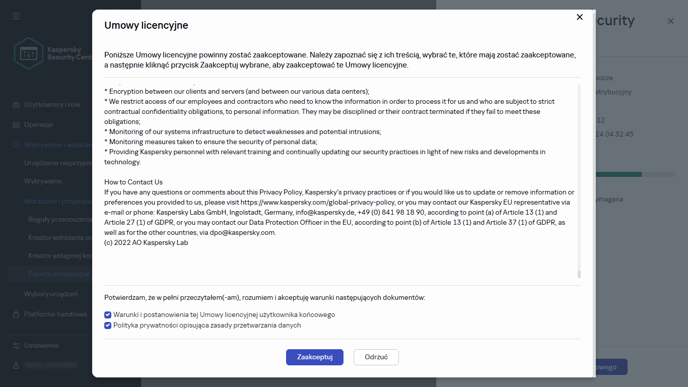 Okno akceptacji Umowy licencyjnej użytkownika końcowego.