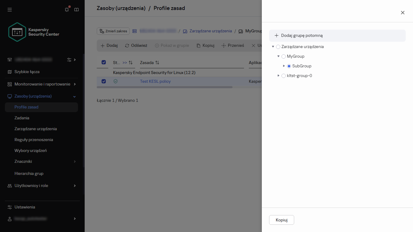Wybierz grupę, do której chcesz skopiować panel zasad.