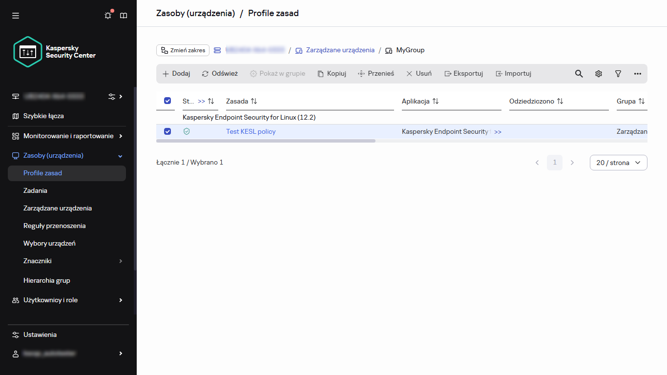 Okno zasad i profili z wybraną zasadą.