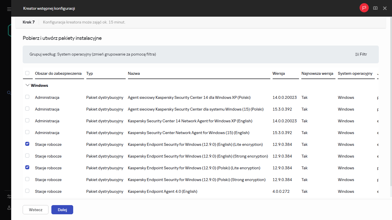 Krok Tworzenie pakietów instalacyjnych w Kreatorze wstępnej konfiguracji.