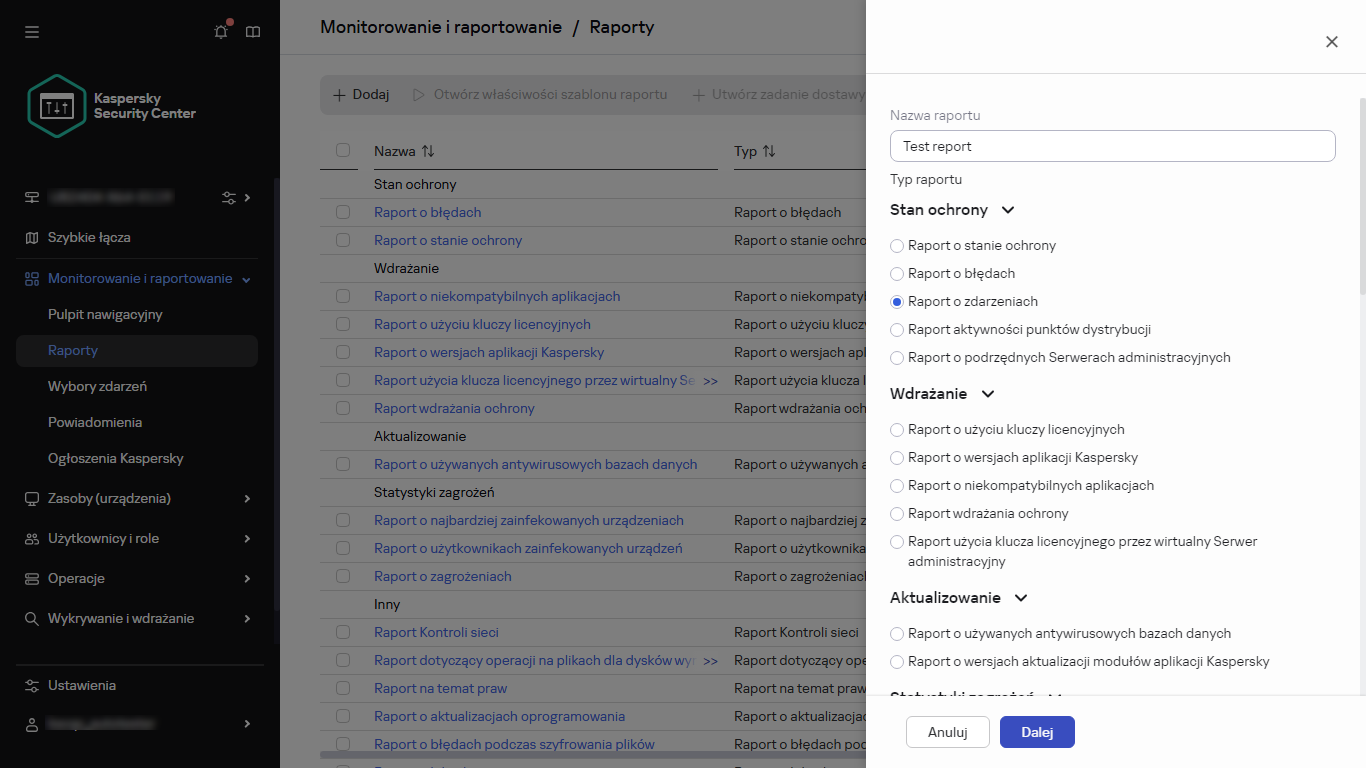 Określanie nazwy i typu nowego raportu.