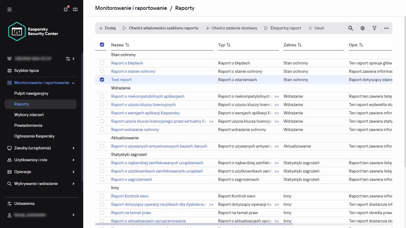 Lista raportów z wybranym raportem.