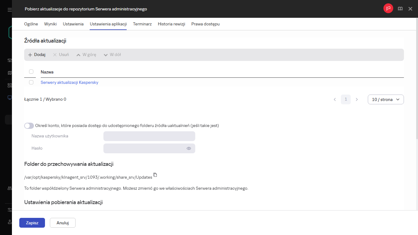 Karta ustawień aplikacji okna zadania Pobierz aktualizacje do repozytoriów punktów dystrybucji.