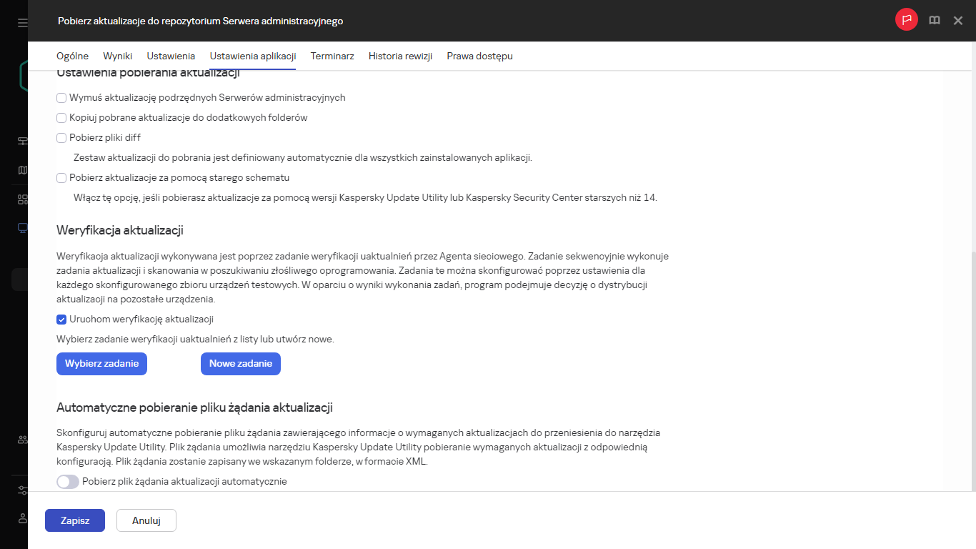 Zakładka Ustawienia aplikacji okna zadania Pobierz aktualizacje do repozytoriów punktów dystrybucji.