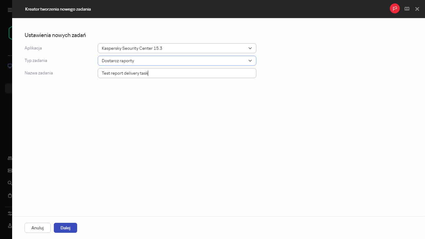 Ustawienia Nowego zadania dostarczania raportu.