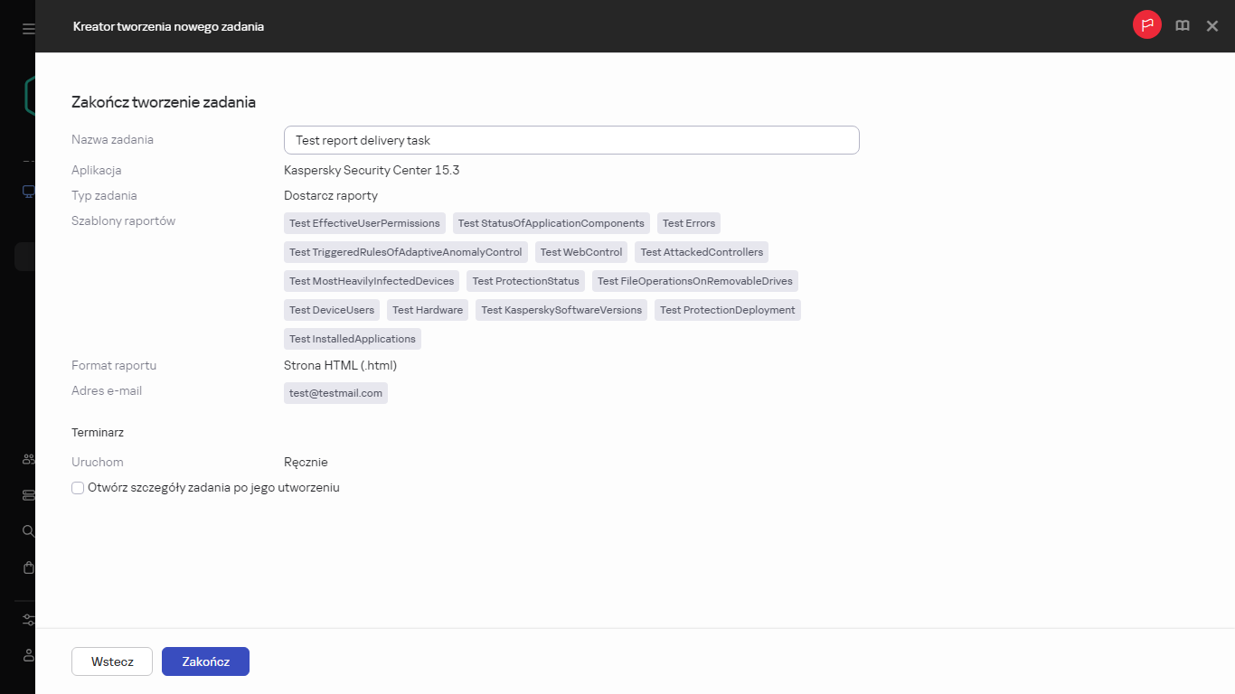 Zakończenie tworzenia Nowego zadania dostarczania raportów.