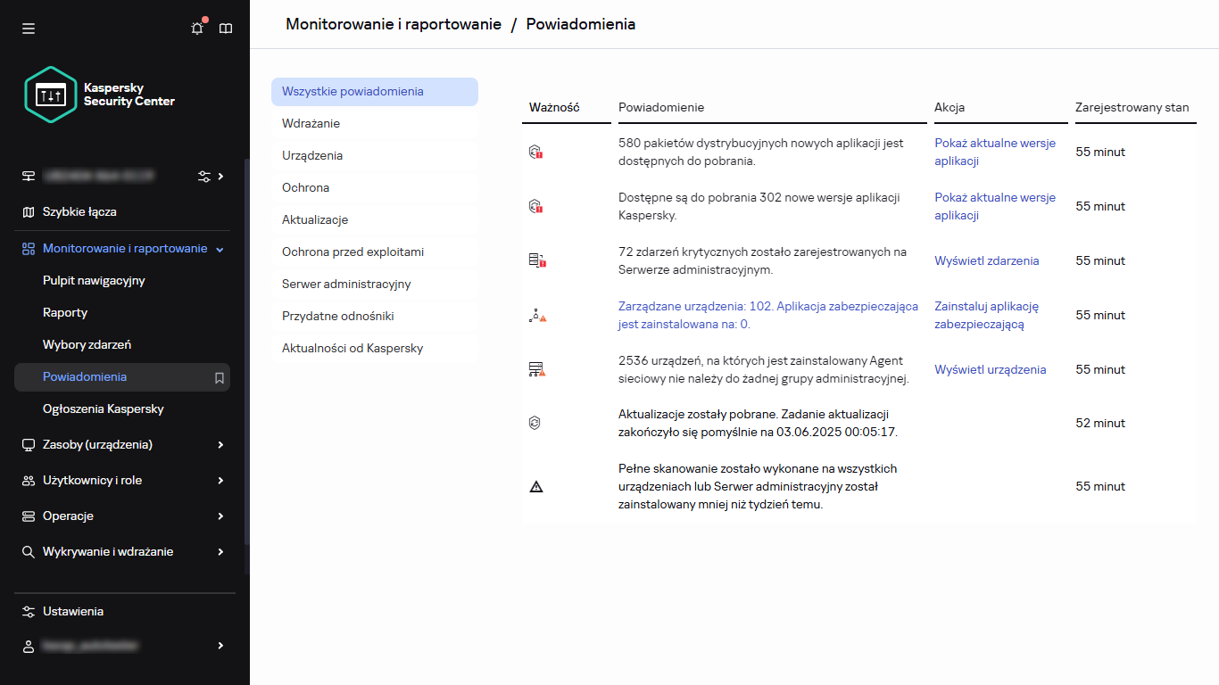 Sekcja Powiadomienia w Monitorowaniu & raportowaniu.