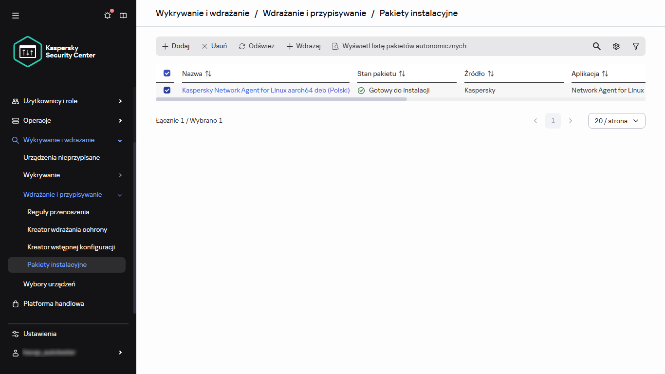 Wybrany pakiet instalacyjny w sekcji Pakiety instalacyjne.