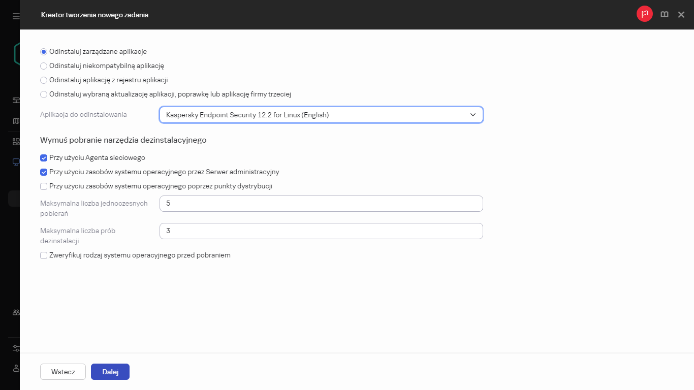 Ustawienia zadania Zdalna dezinstalacja aplikacji.