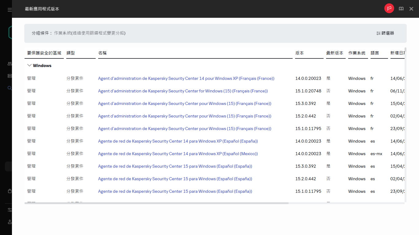 可用分發套件清單。