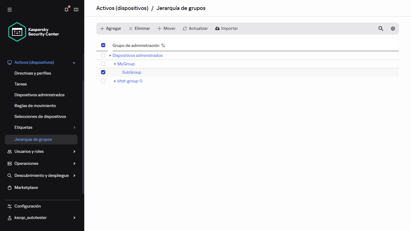 Jerarquía de grupos con subgrupo seleccionado.