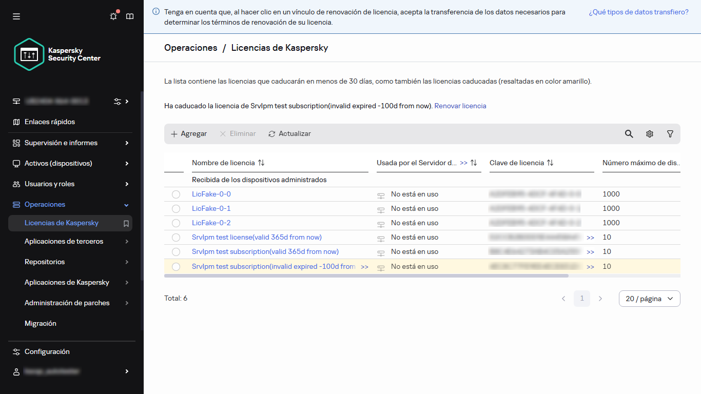 La lista de licencias.