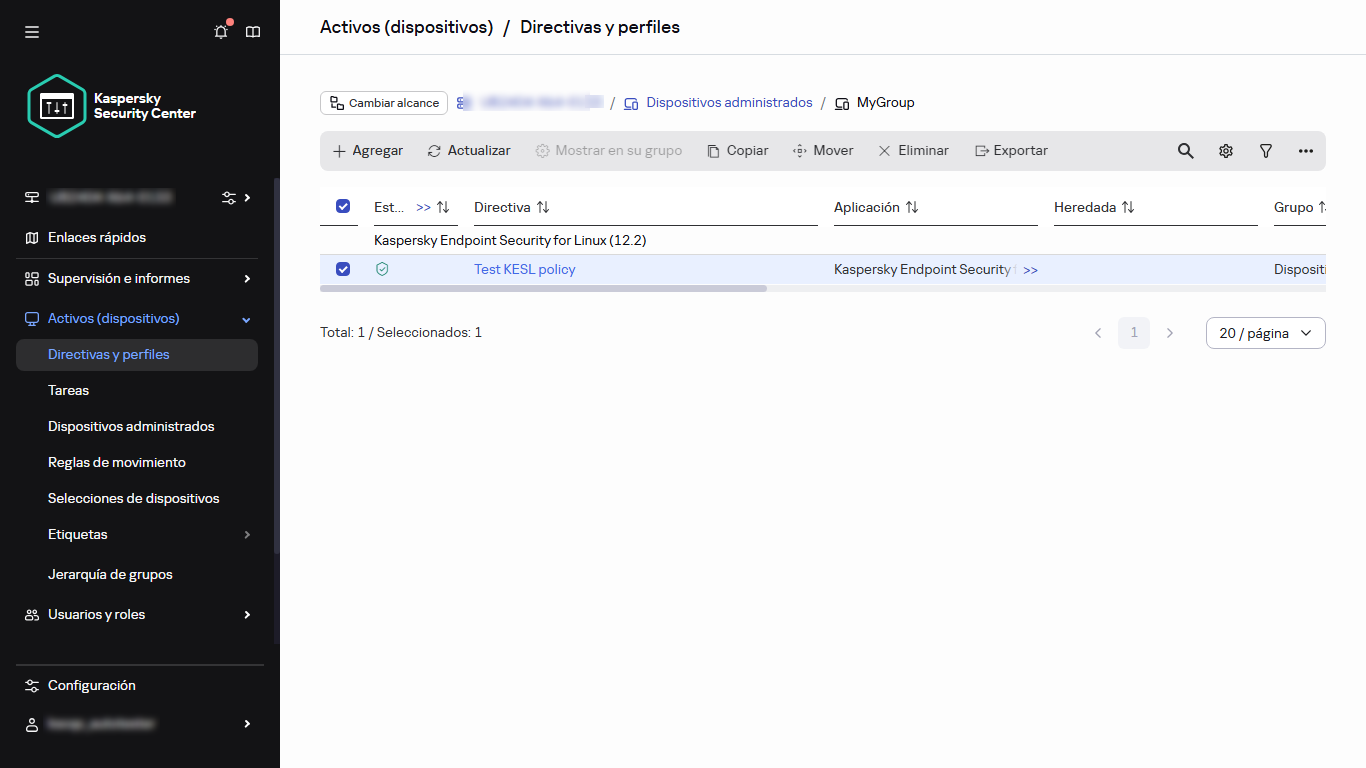 Ventana de directivas y perfiles con la directiva seleccionada.