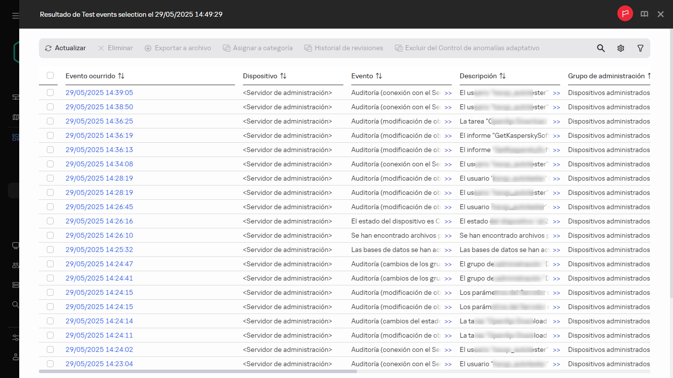 Resultado de la selección de eventos.