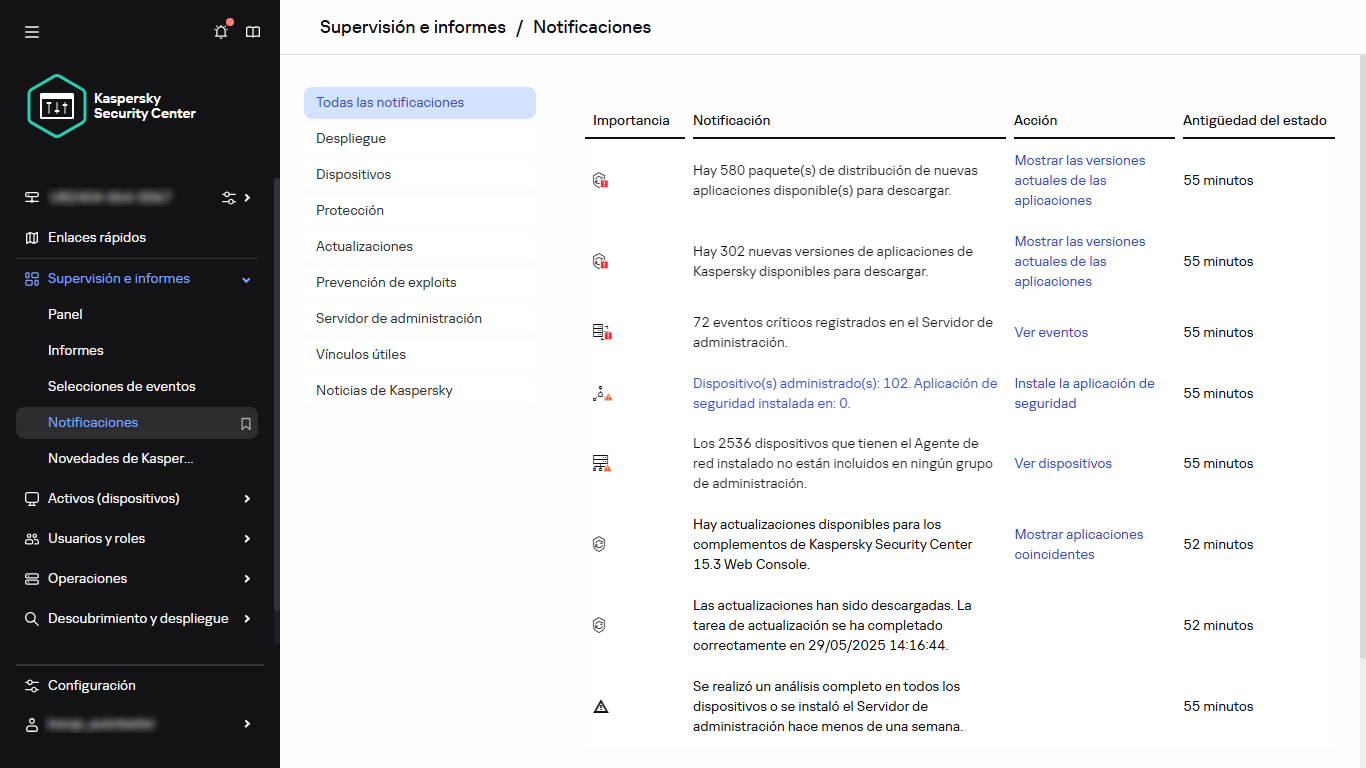 La sección Notificaciones en Control e informes.