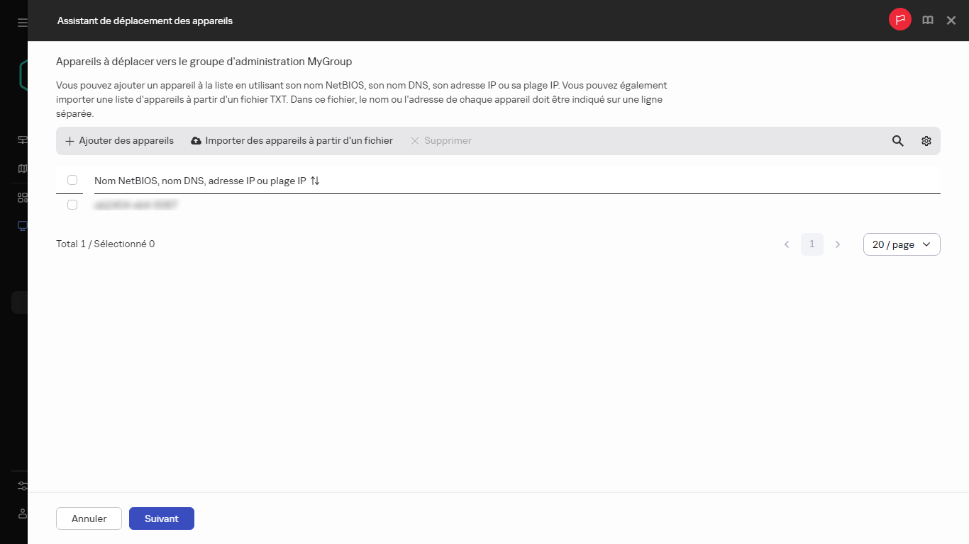 Ajout d'appareils à déplacer dans un groupe d'administration.