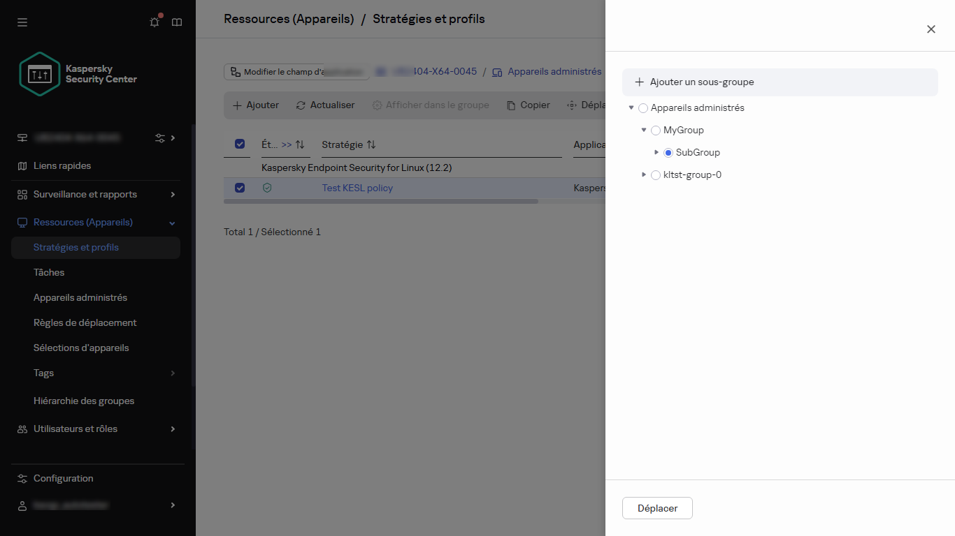 Sélectionnez le groupe pour déplacer la boîte de dialogue de la stratégie.