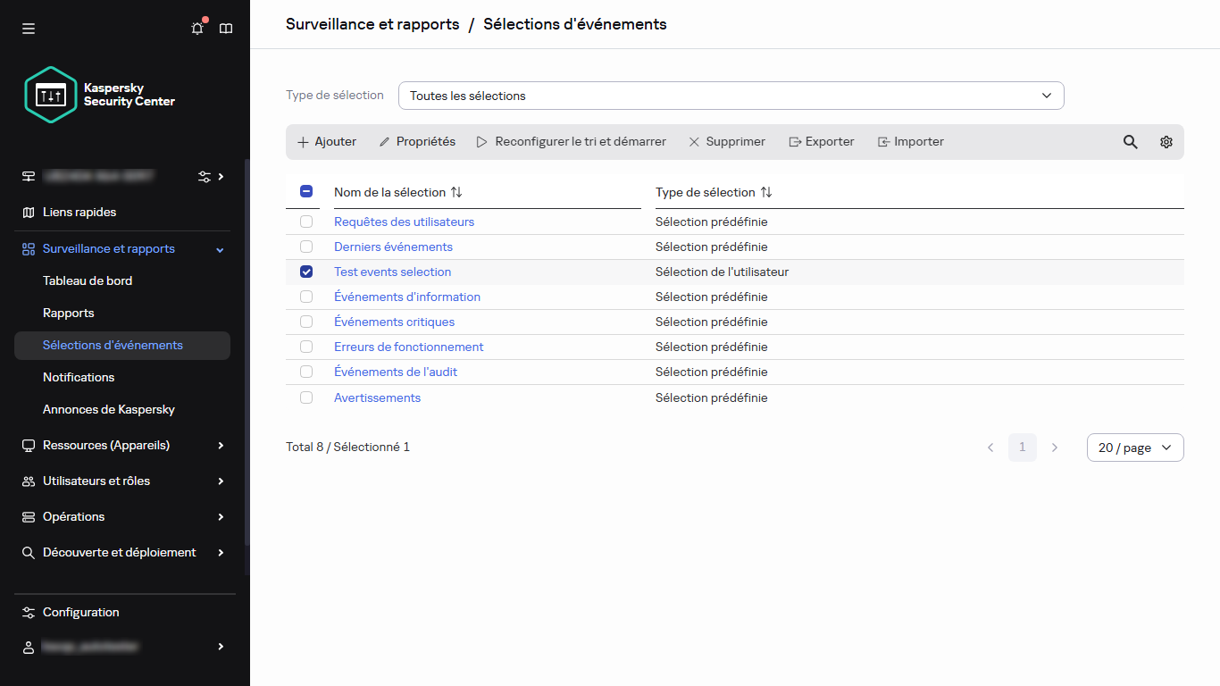 La liste de sélection des événements avec l'élément sélectionné.
