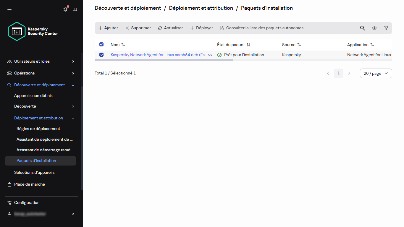 Le paquet d'installation sélectionné dans la section Paquets d'installation.