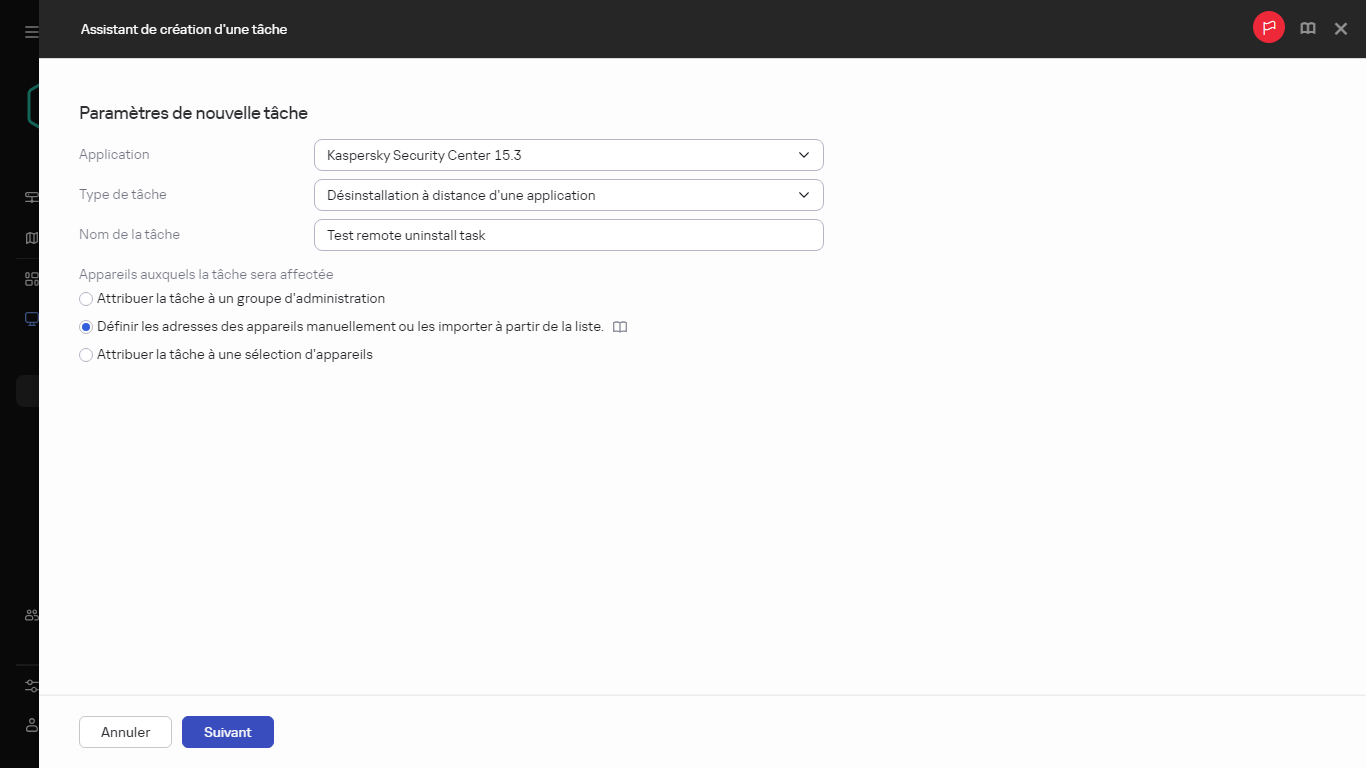 Paramètres de la tâche Désinstallation à distance d'une application.