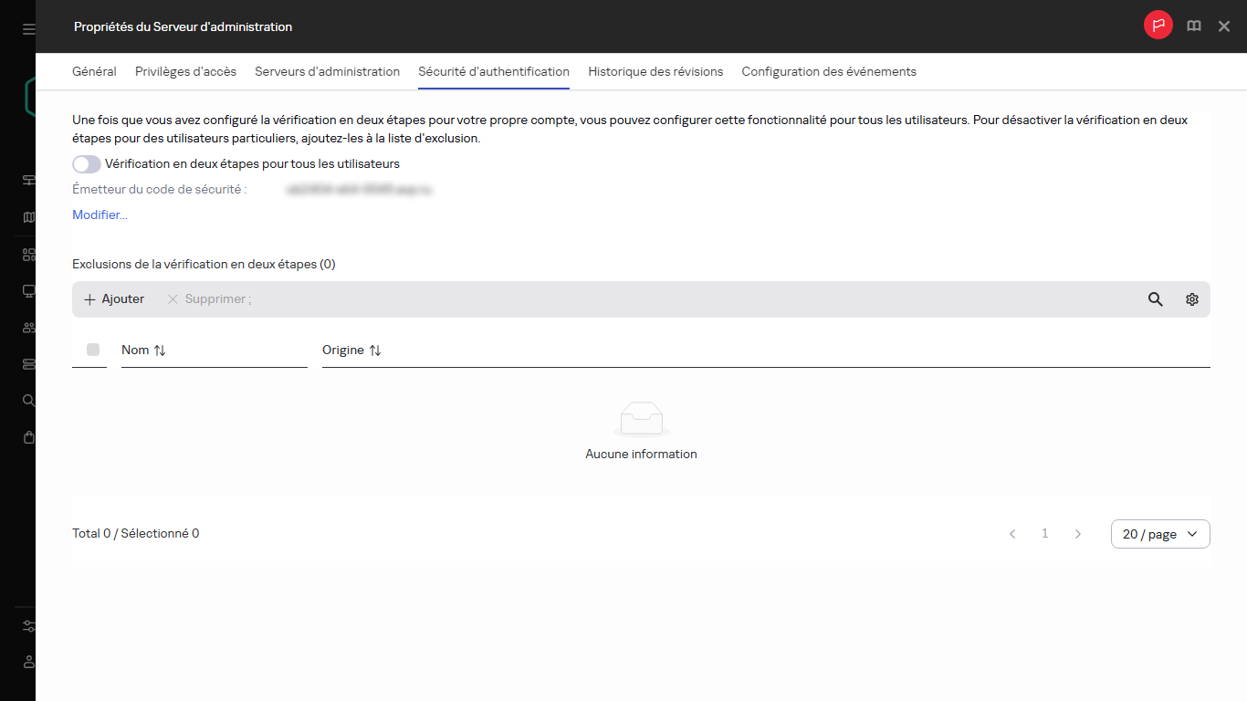 L'onglet Sécurité d'authentification dans les propriétés du Serveur d'administration.