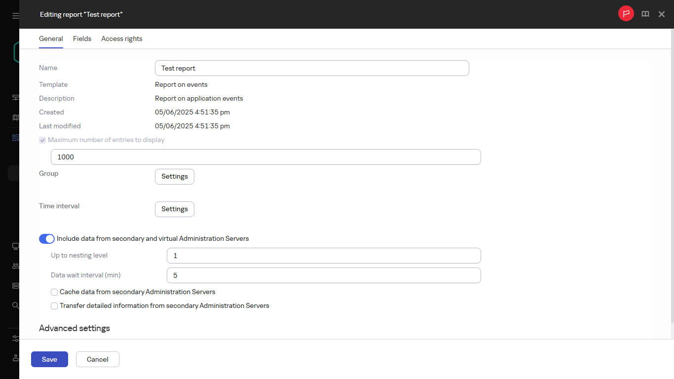 报告编辑窗口的“常规”选项卡。