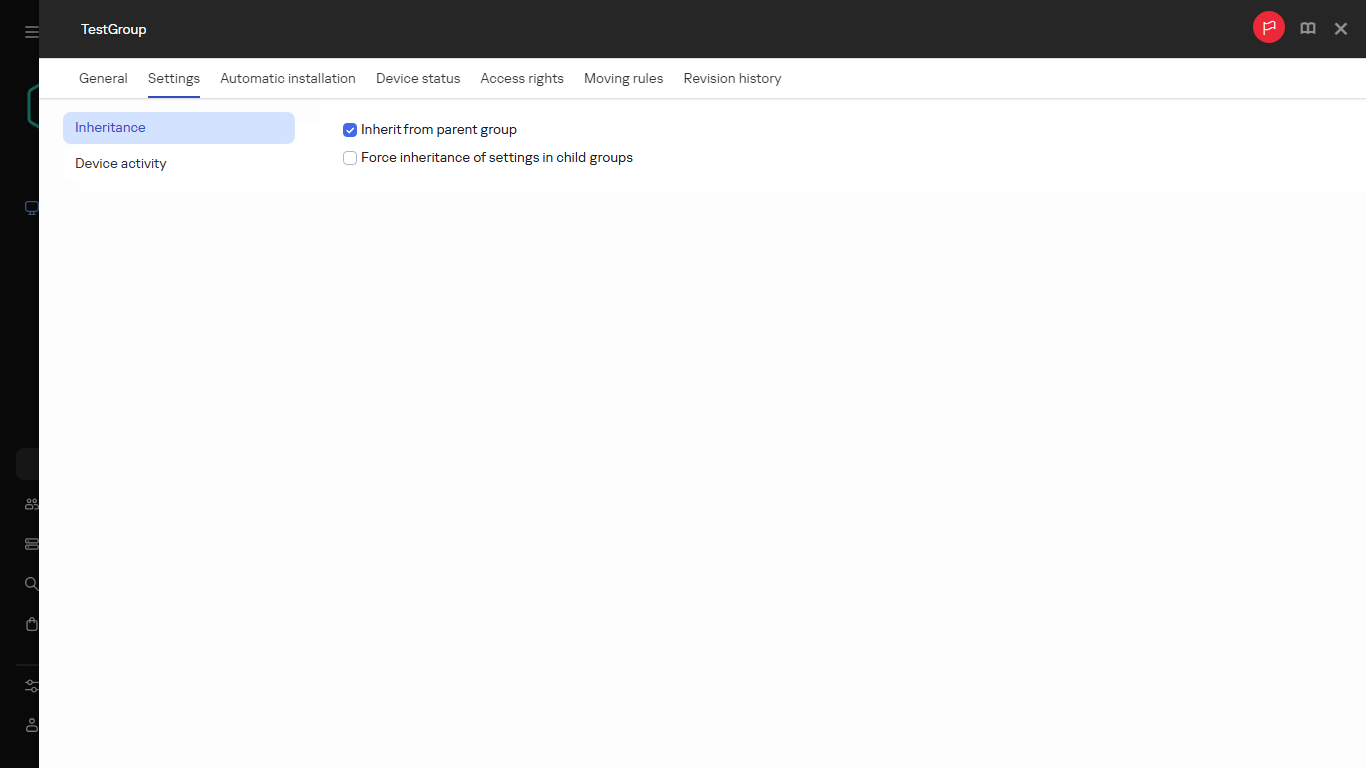 The Settings tab for the Test group.