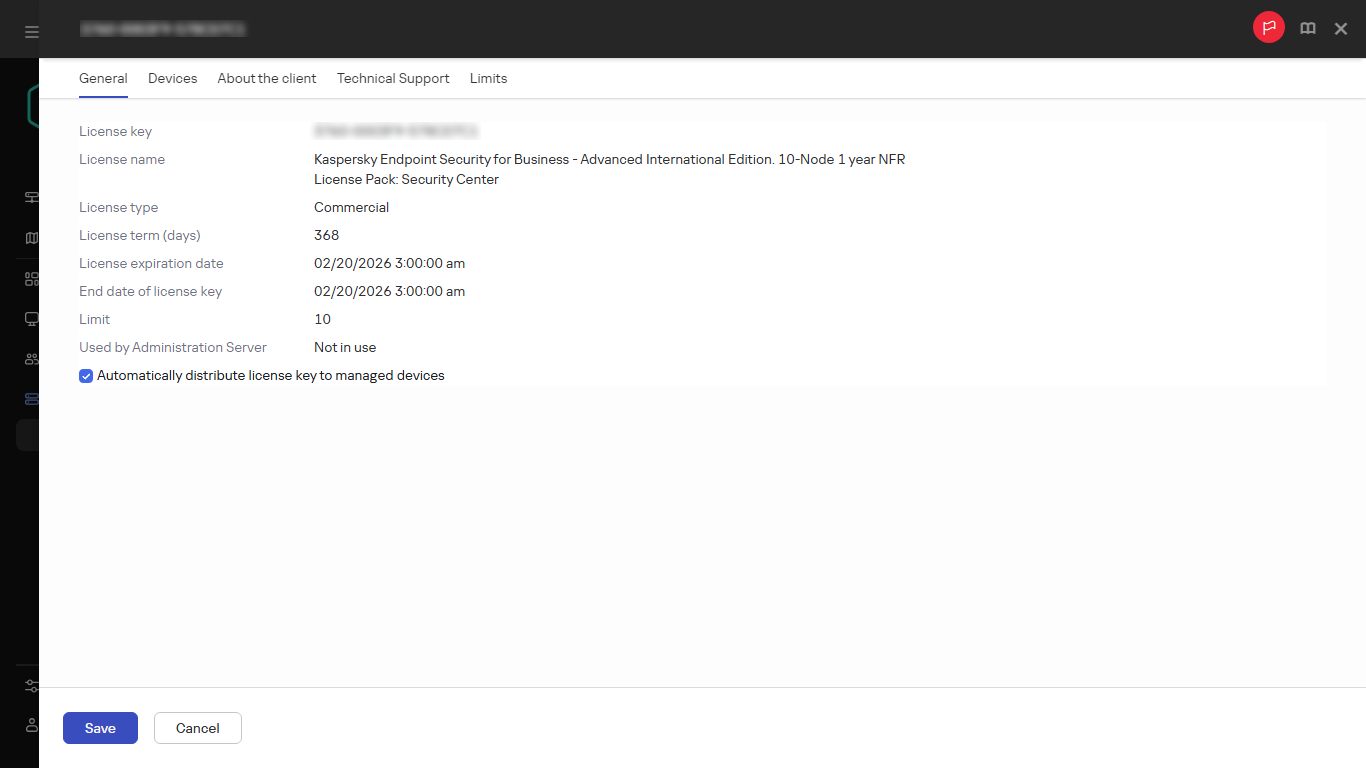The properties window of the license key.