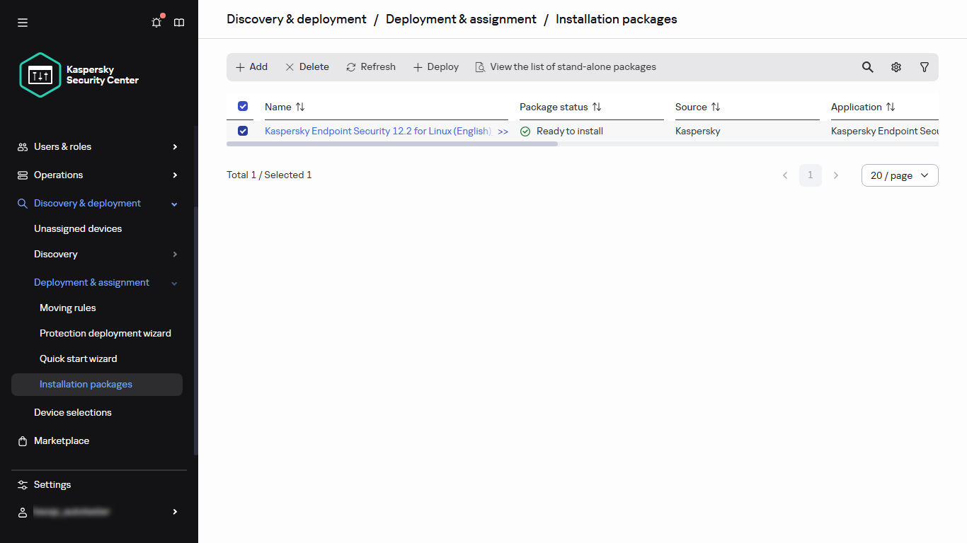 The selected installation package.