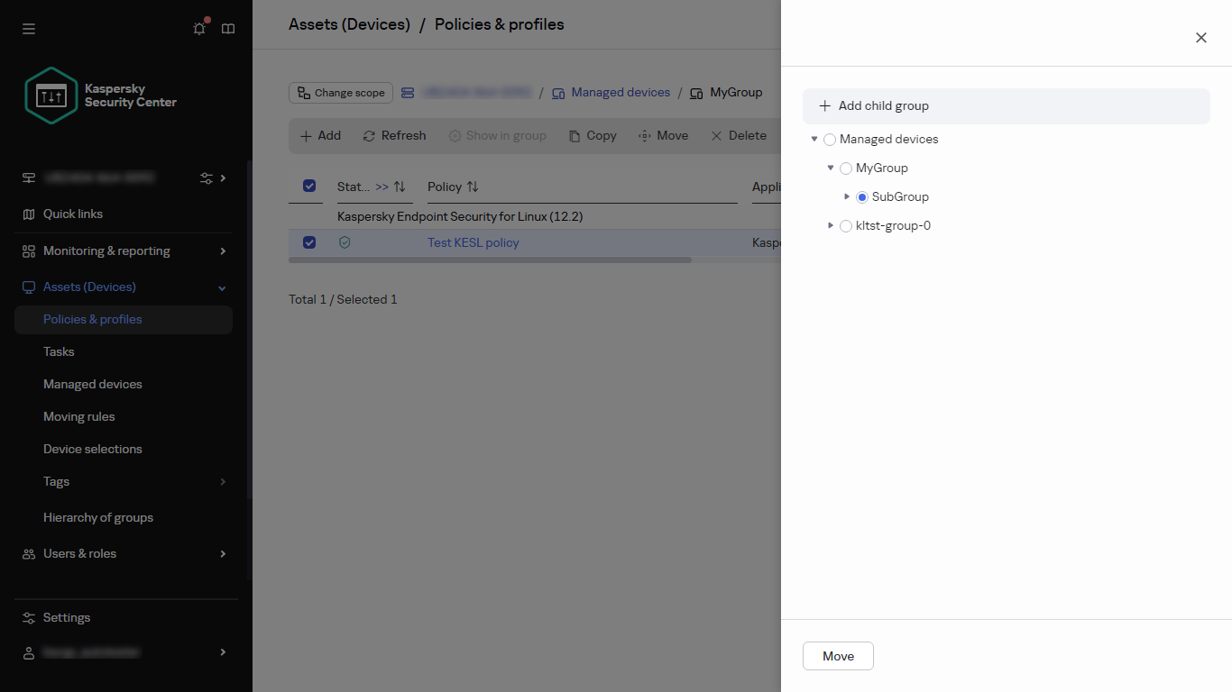 Select the group to move the policy dialog.
