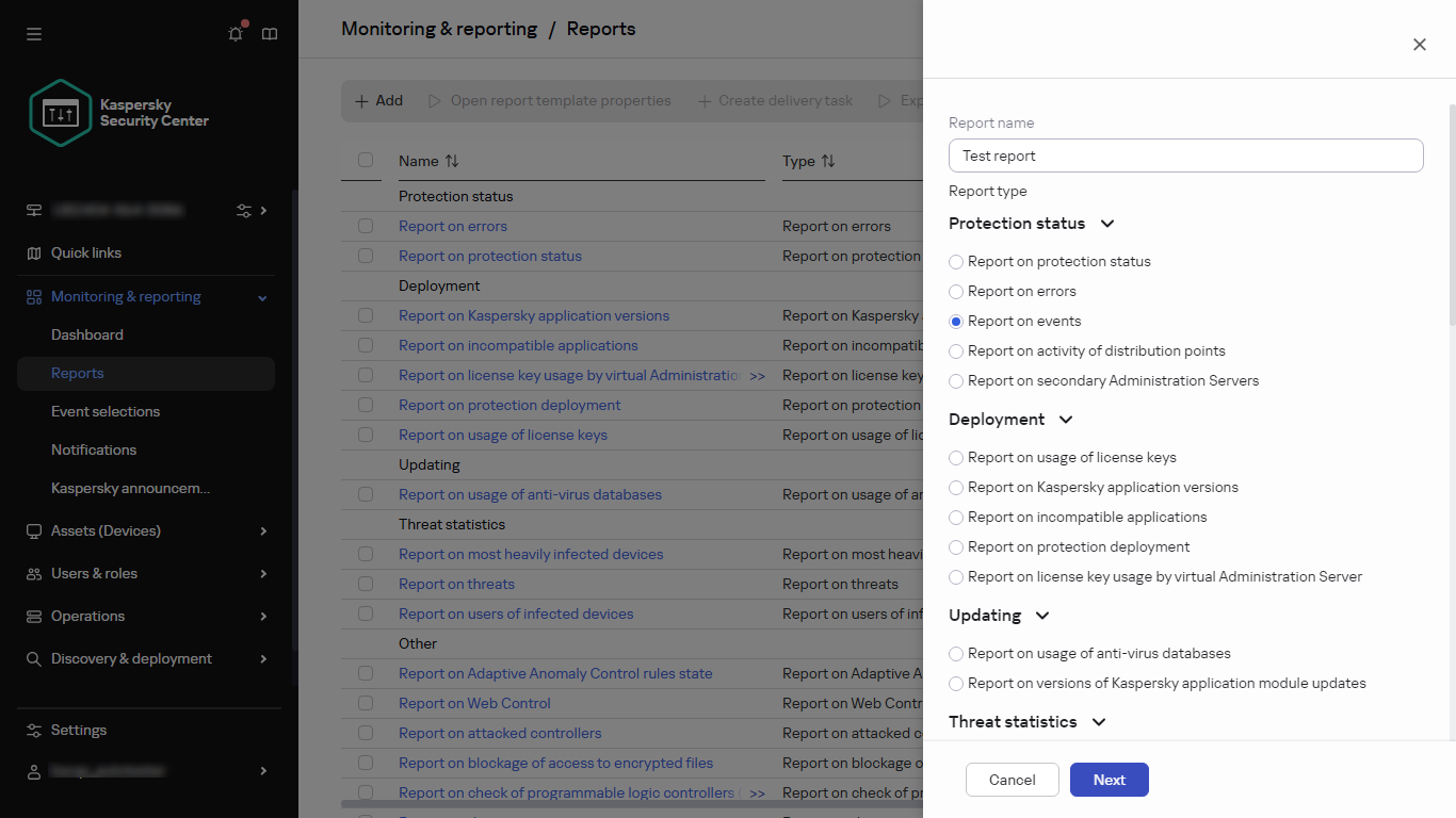 Specifying the name and type of a new report.