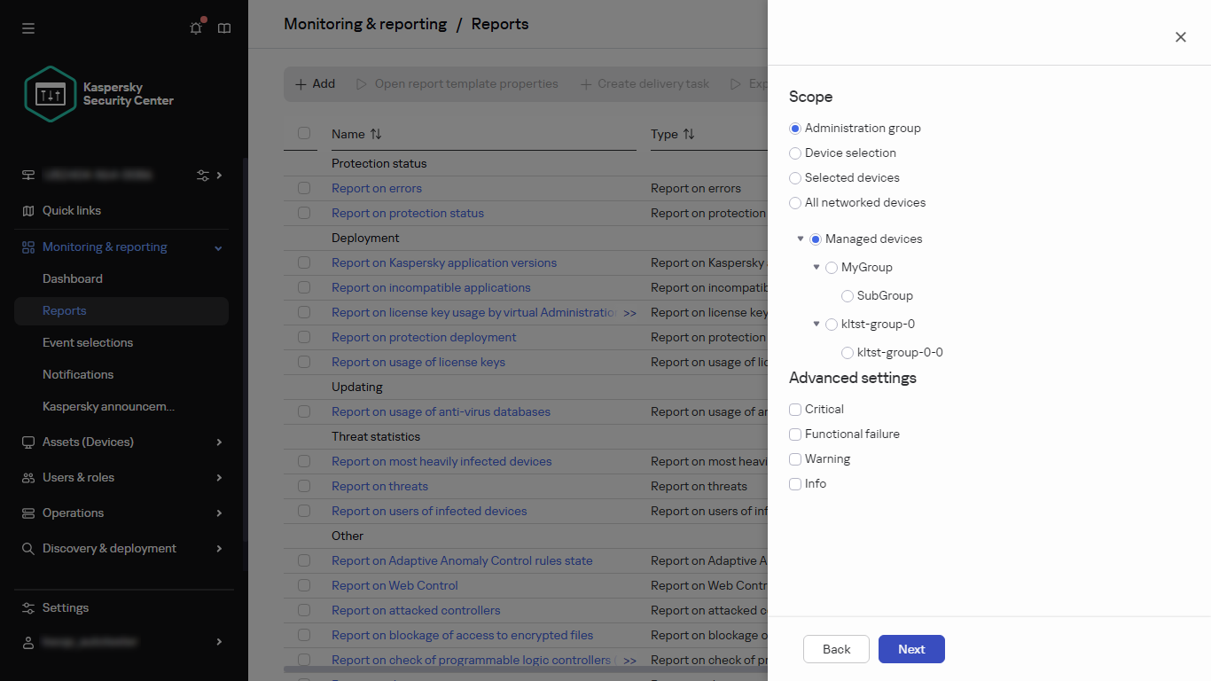Specifying the device scope and advanced settings of a new report.