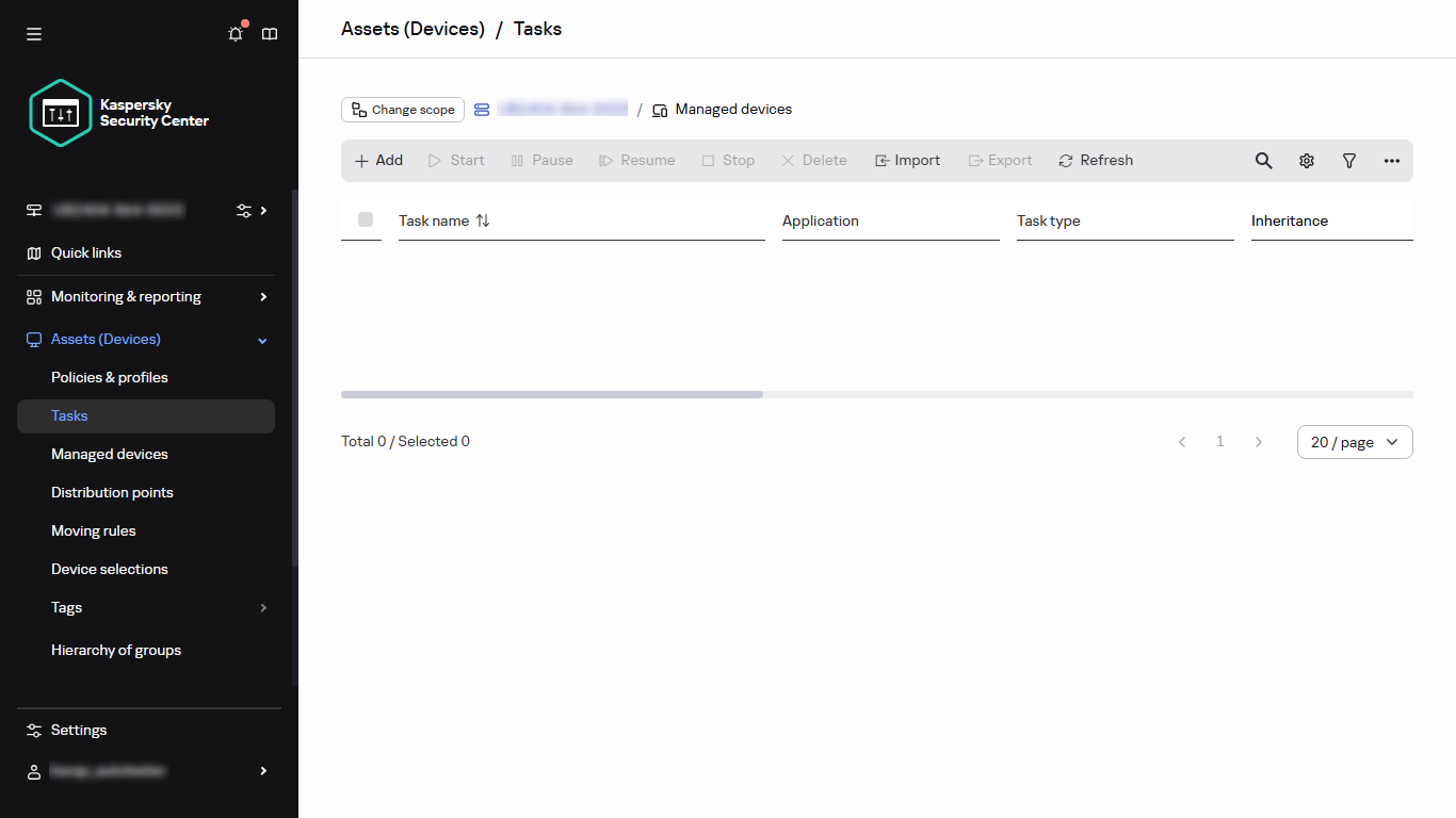 The Tasks section of the menu.