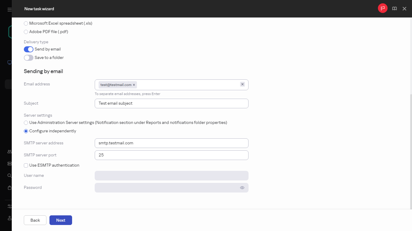 Creating a report delivery task and specifying the delivery type.