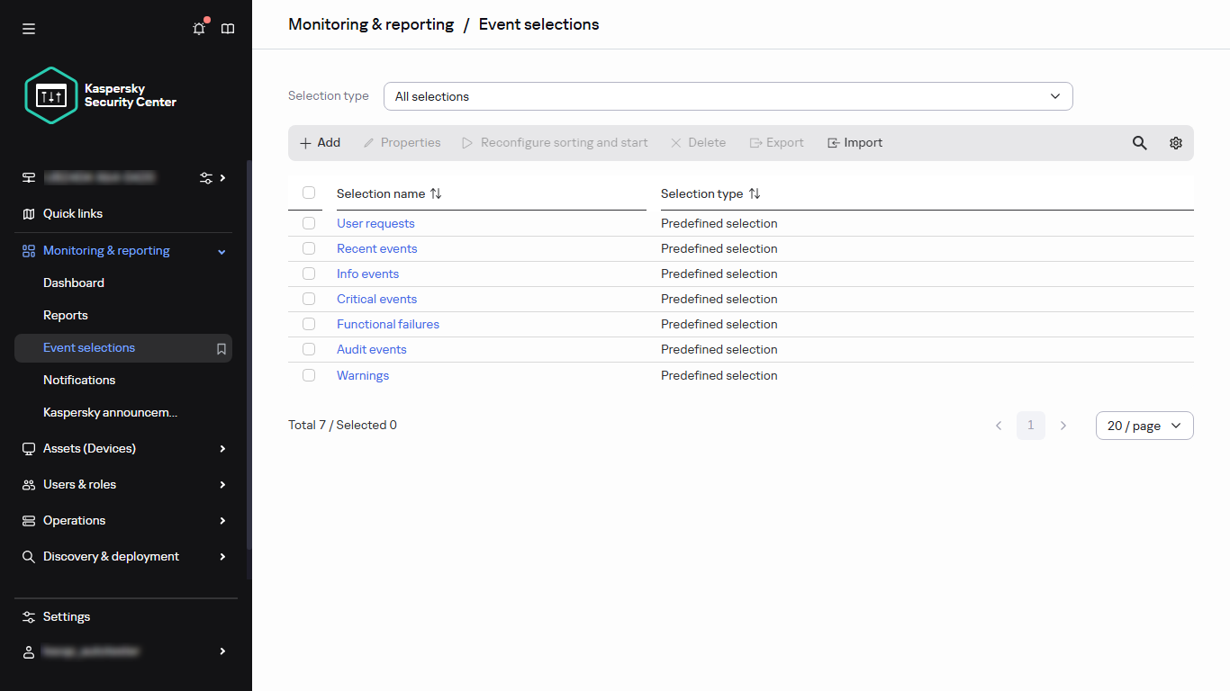 The event selection list.