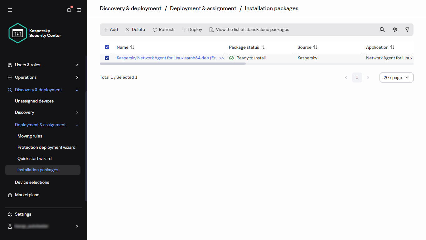 The selected installation package in the Installation packages section.