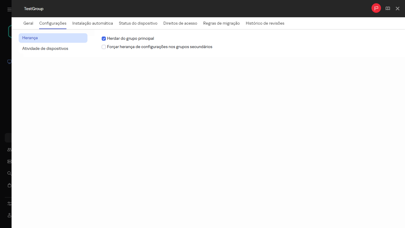 A guia Configurações para o grupo Teste.