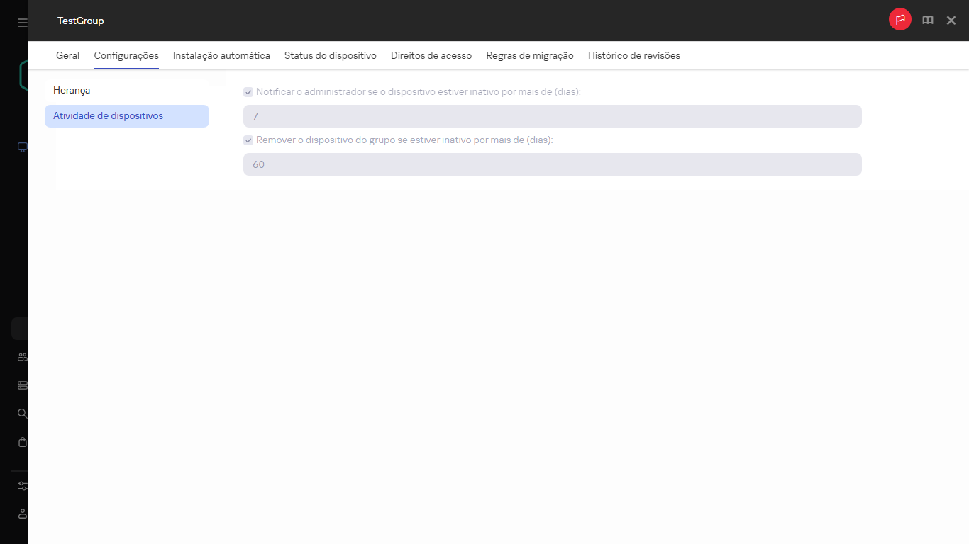 Atividade de dispositivos na guia Configurações.