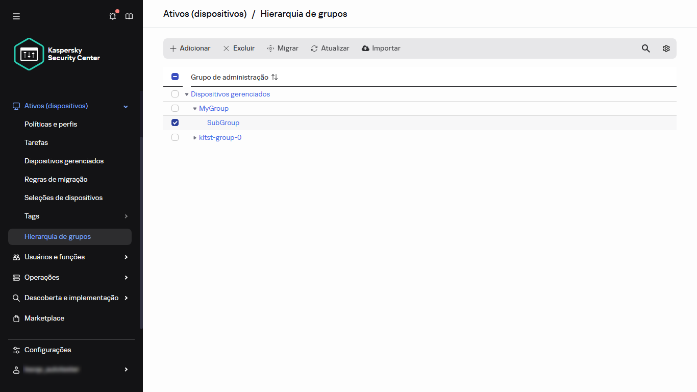Hierarquia de grupos com subgrupo selecionado.
