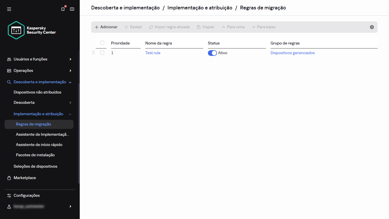 A seção de regras de movimentação do Kaspersky Security Center.