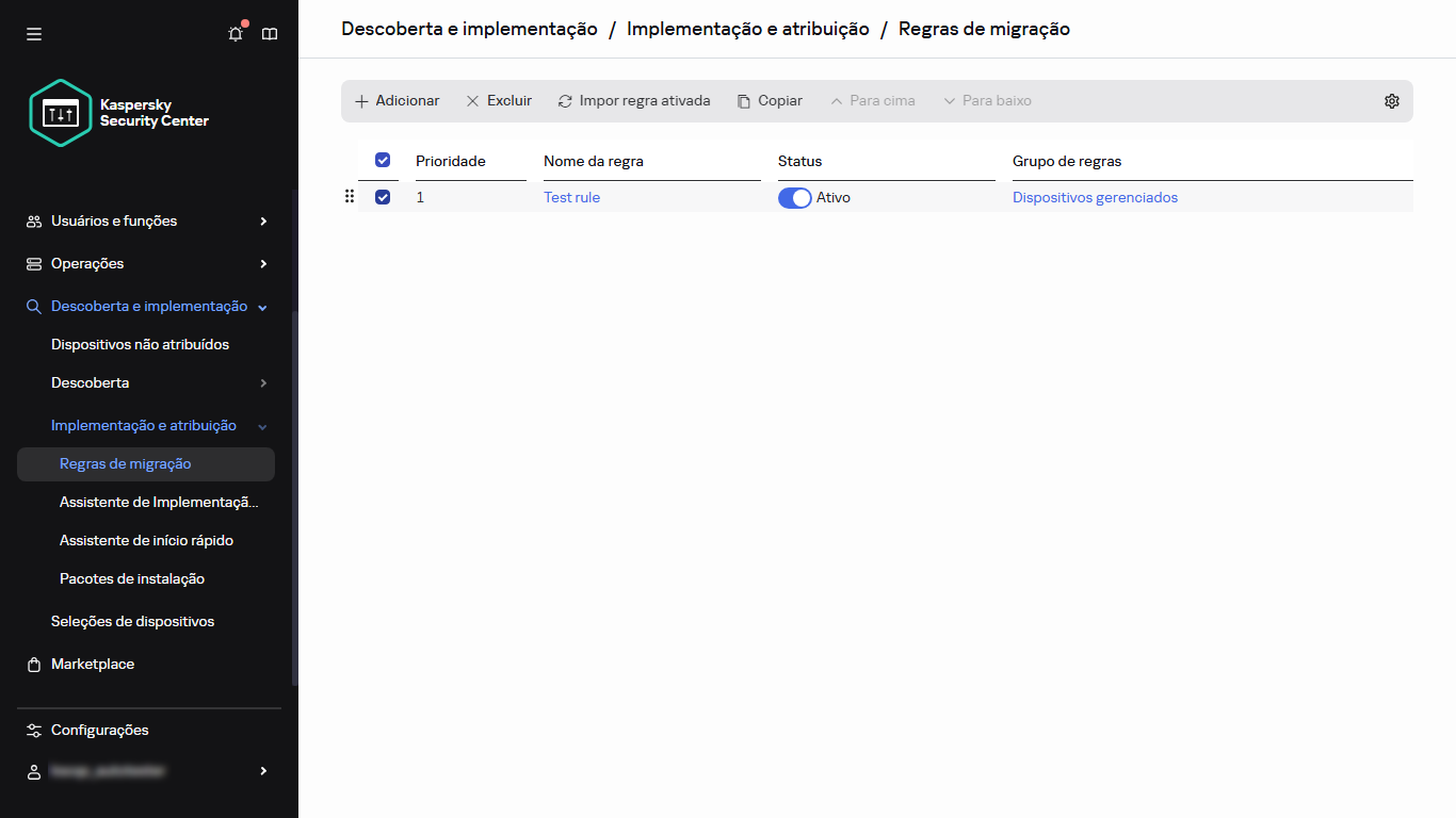 A linha selecionada na seção Regras de movimentação.
