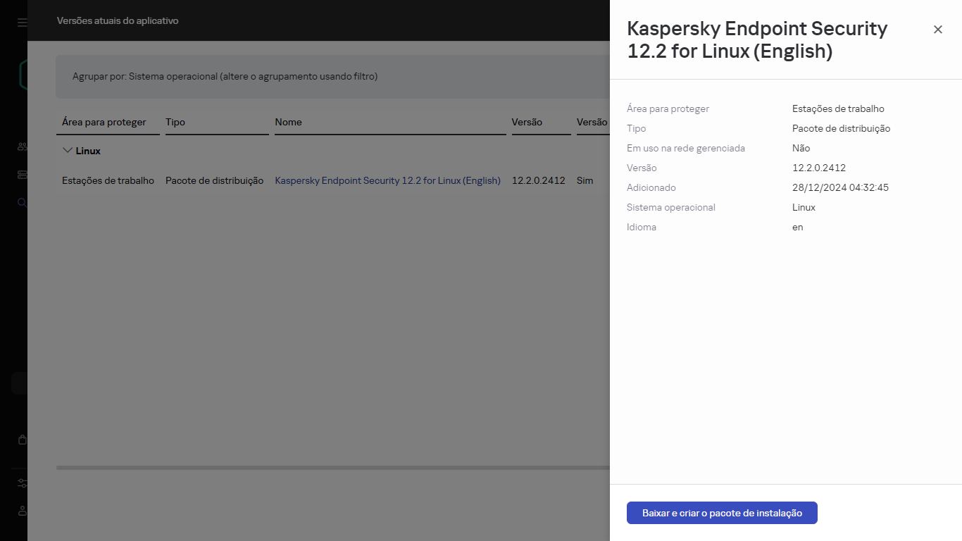 A janela de download do pacote de instalação.