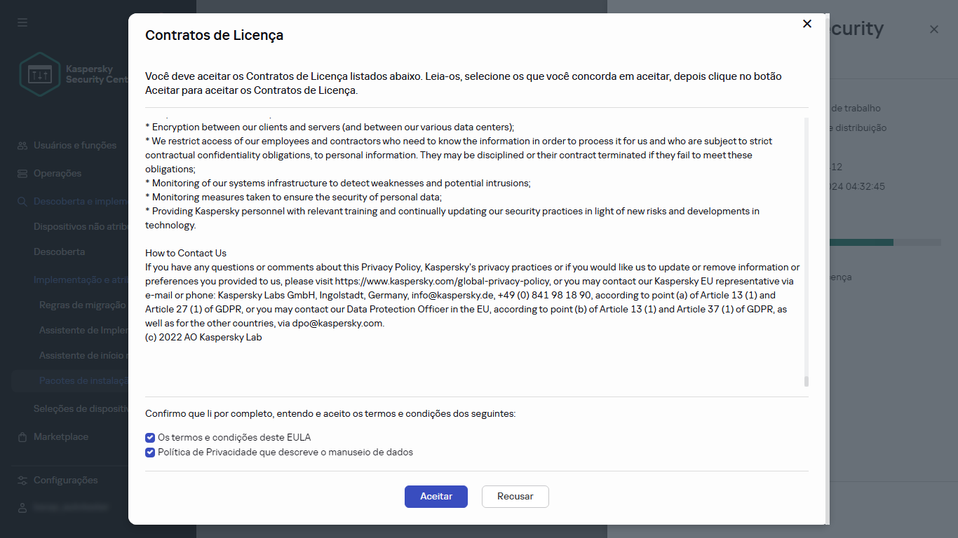 Janela de aceitação do Contrato de Licença de Usuário Final (EULA)