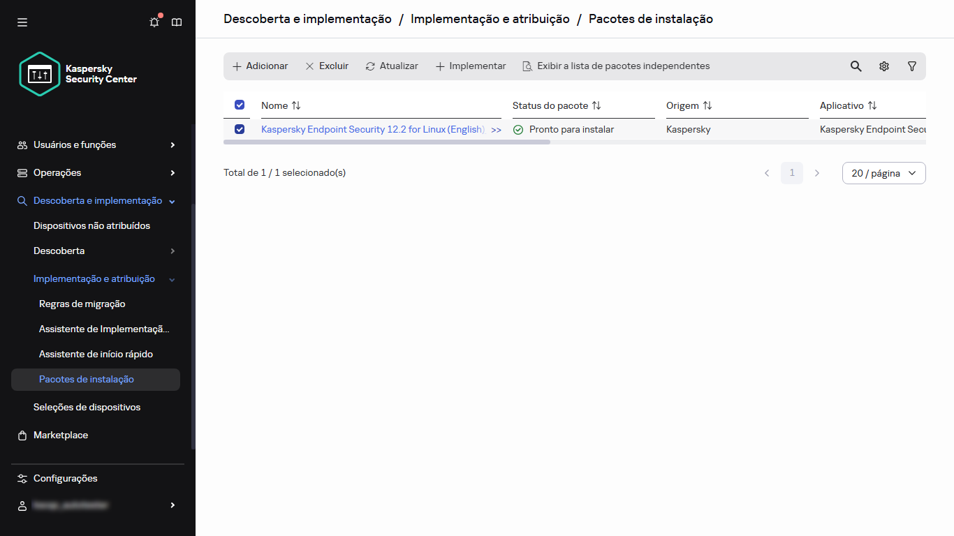 O pacote de instalação selecionado.