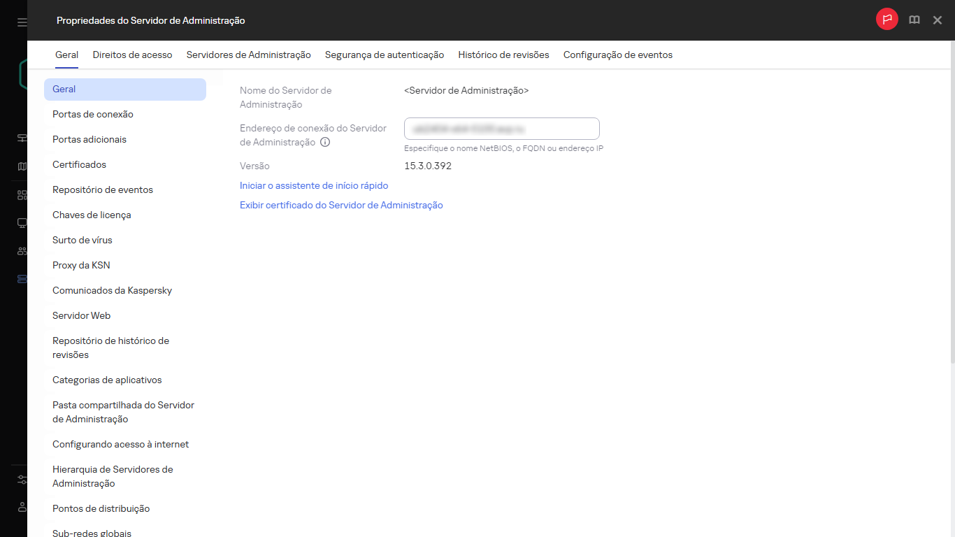Uma captura de tela da janela do Servidor de Administração que exibe um link para iniciar o Assistente de Início Rápido.
