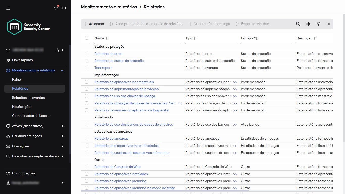 A lista de relatórios.
