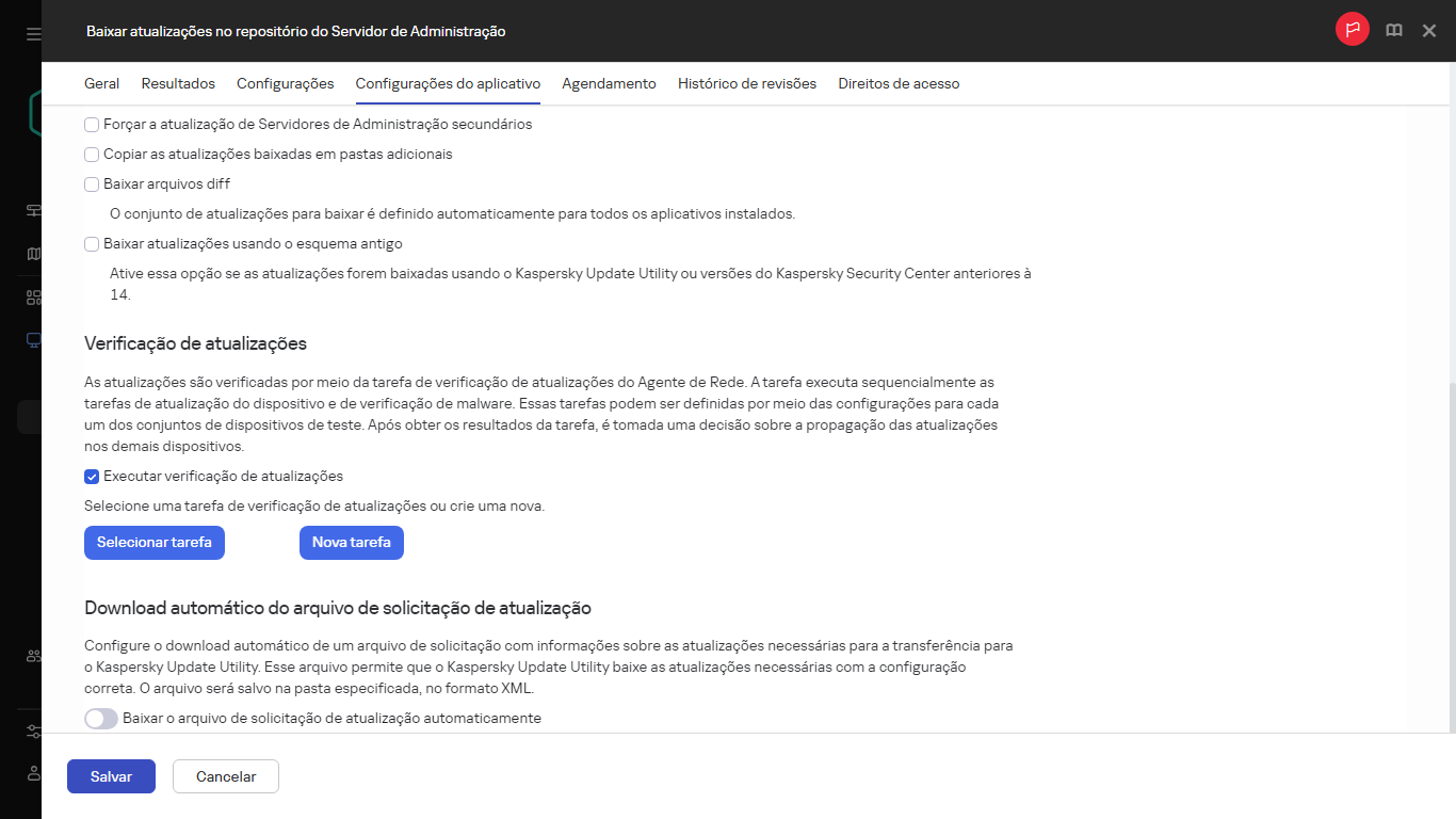 A guia Configurações do aplicativo da janela da tarefa Baixar atualizações para os repositórios dos pontos de distribuição.