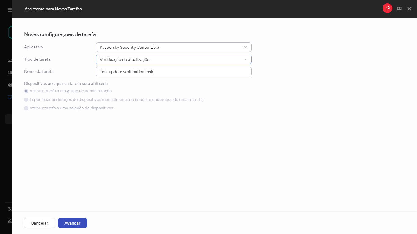 Configurações da tarefa Verificação de atualização.