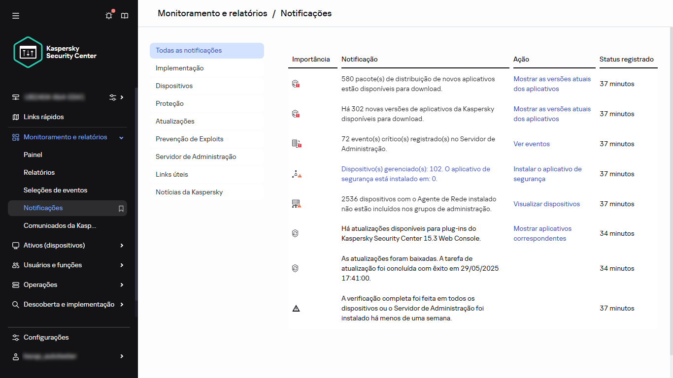 A seção Notificações em Monitoramento e relatórios.