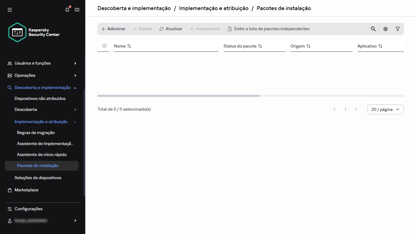 A seção Pacotes de instalação no menu principal.